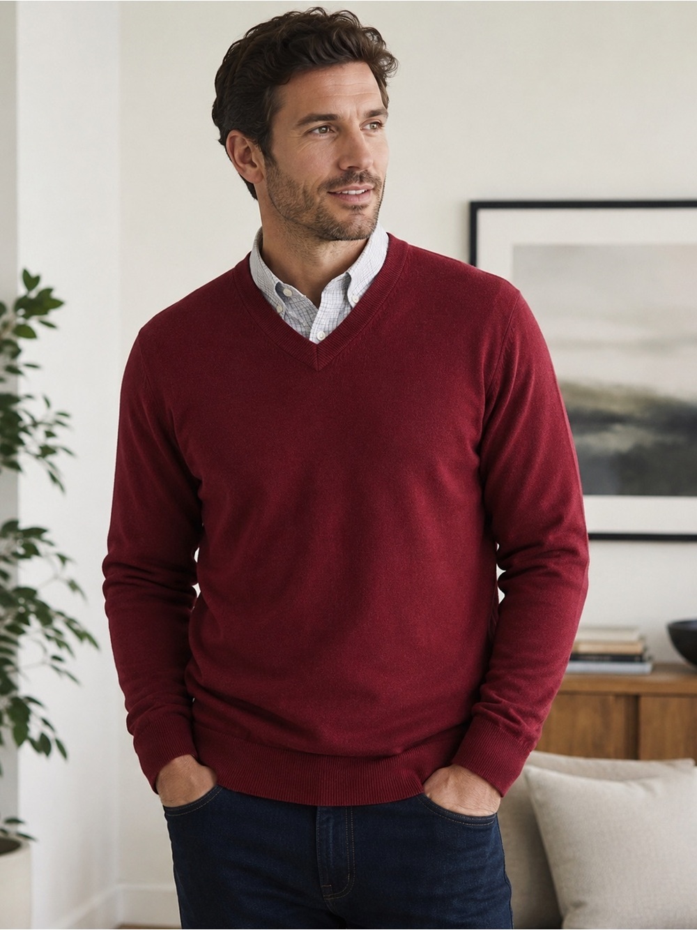 Daniel Cremieux Signature Collection Burgundy Supima Cotton V-Neck Sweater XL
